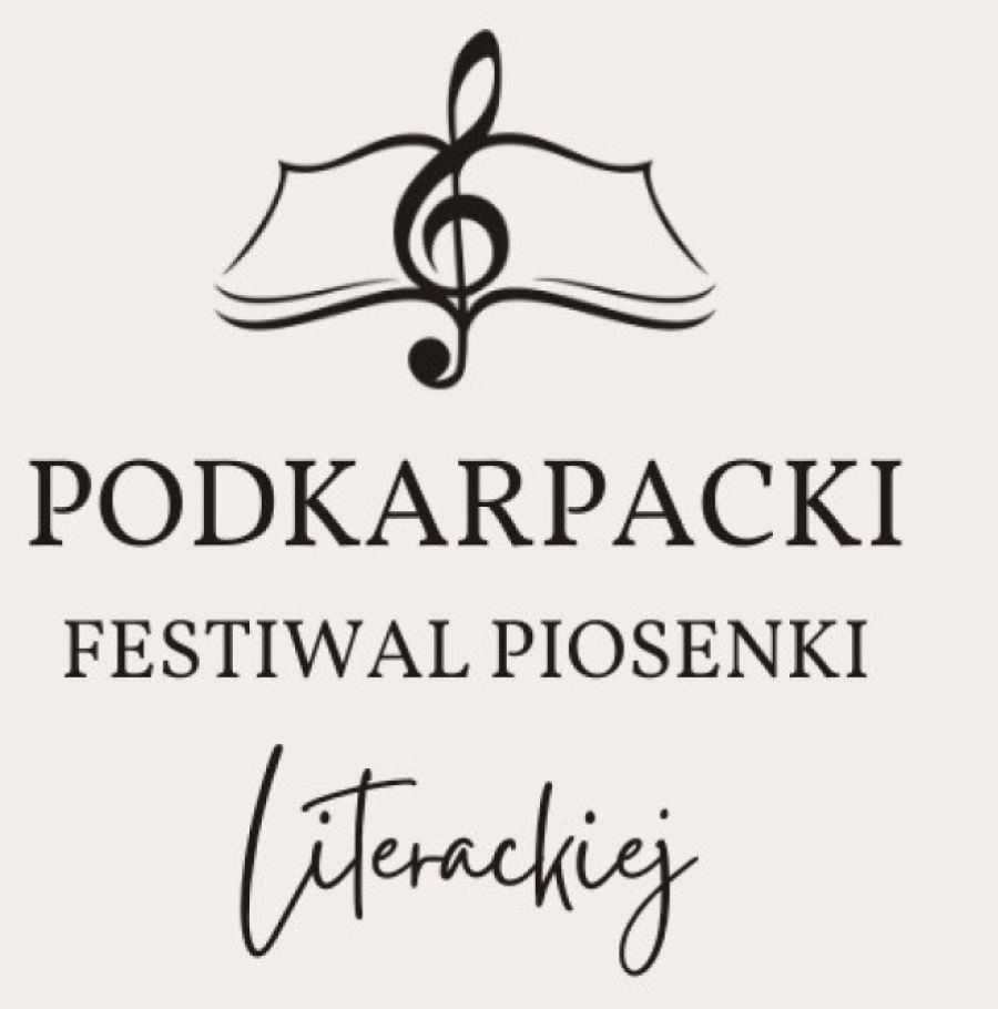 Otwarta książka z kluczem wiolinowym na środku. Pod spodem napis Podkarpacki Festiwal Piosenki Literackiej